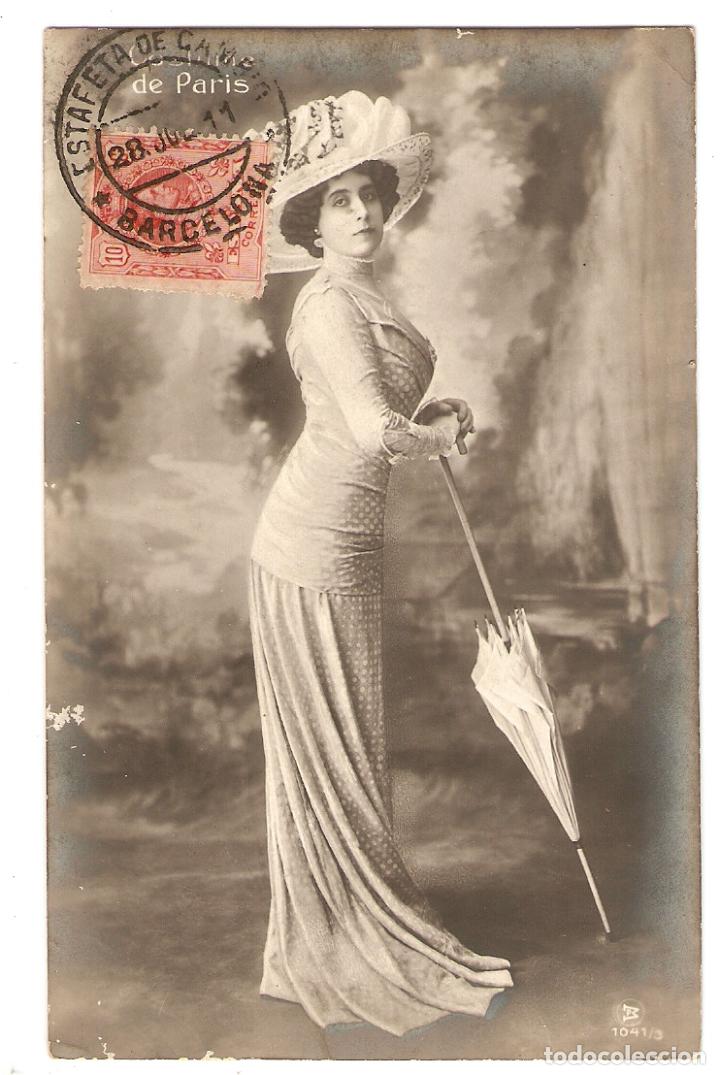 Postais: POSTAL - ROM&Aacute;NTICA - DAMA DE LA &Eacute;POCA, SOMBRERO Y PARASOL - CIRCULADA 1911