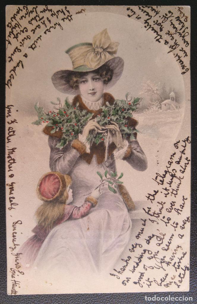 Postales: POSTAL SE&Ntilde;ORA CON SOMBRERO CON NI&Ntilde;A Y FLORES PRINCIPIO DE 1900