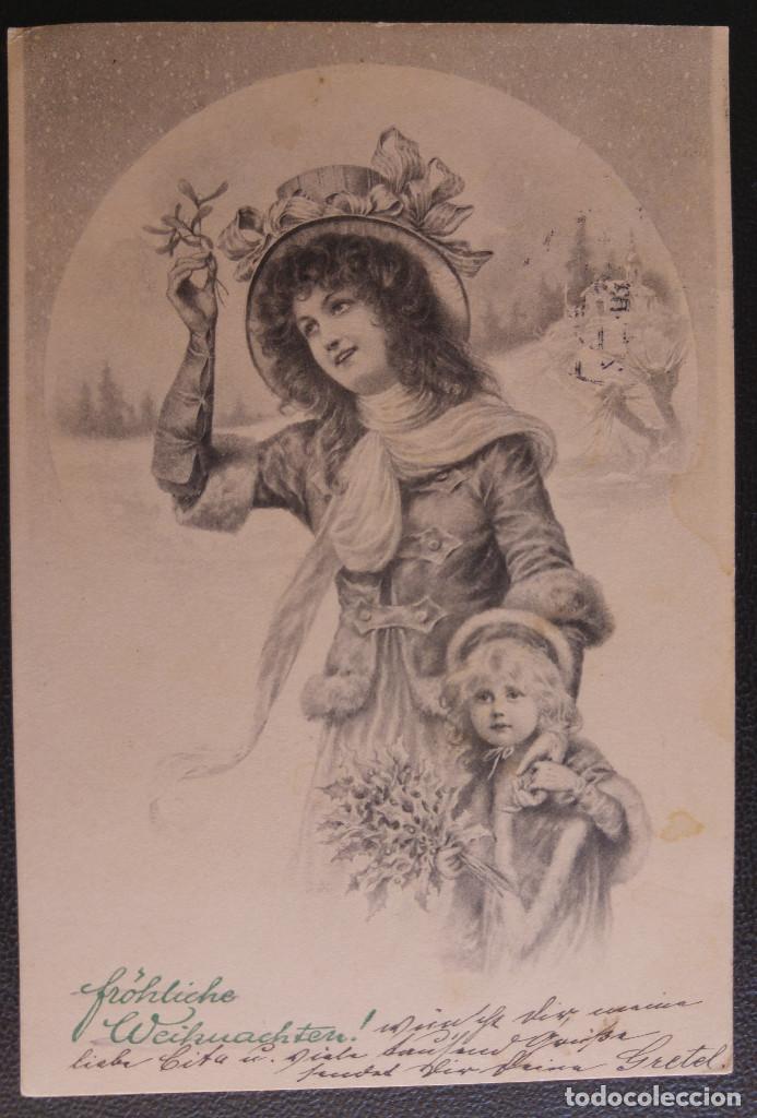 Postales: POSTAL SE&Ntilde;ORA CON SOMBRERO CON NI&Ntilde;A Y FLORES PRINCIPIO DE 1900