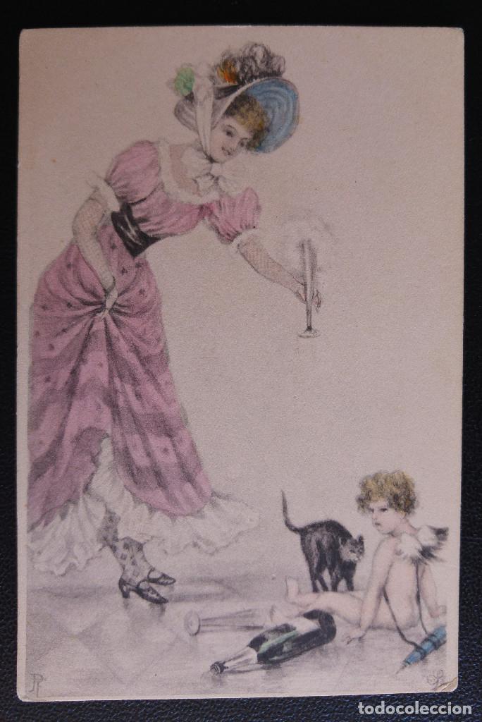Postales: POSTAL SE&Ntilde;ORA CON SOMBRERO GATO Y NI&Ntilde;O CUPIDO PRINCIPIO DE 1900