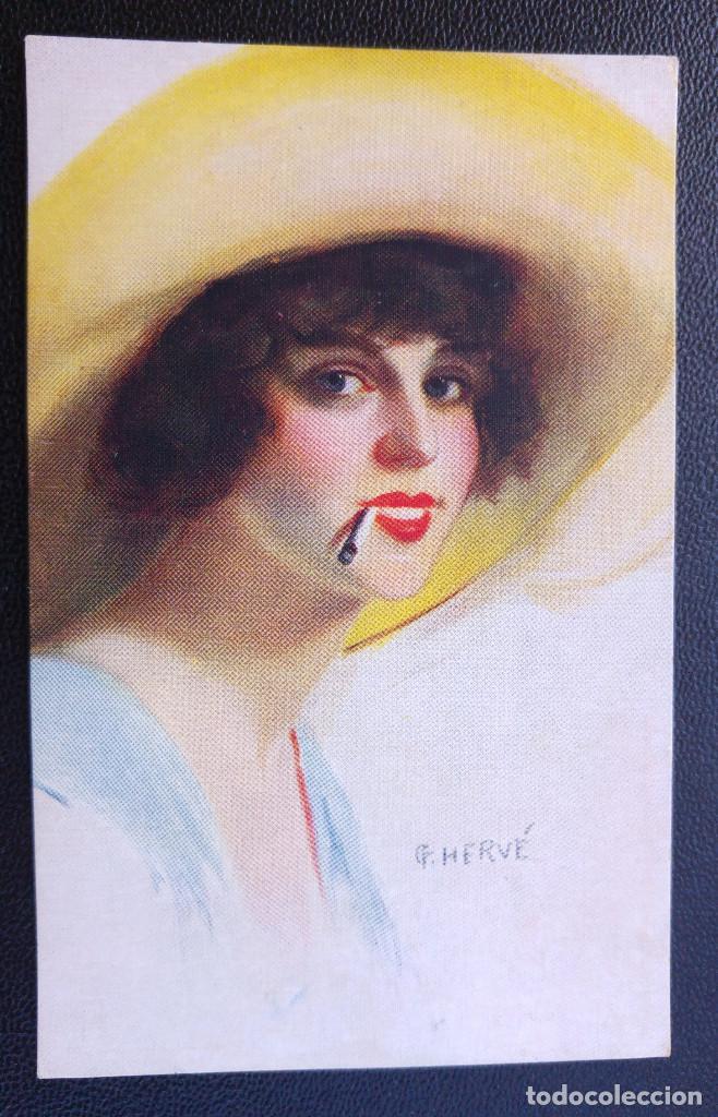 Postales: PRECIOSA POSTAL SE&Ntilde;ORA CON SOMBRERO FUMANDO CIGARRILLO. ILUSTRADA POR HERB&Eacute;