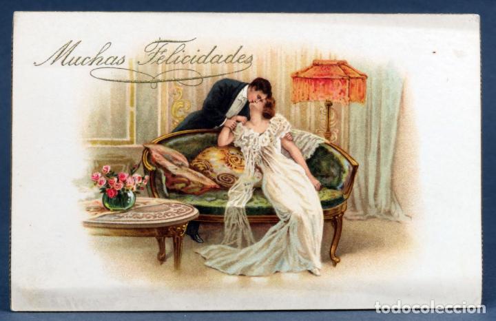 Cartoline: Postal rom&aacute;ntica beso pareja Amag Muchas Felicidades 1135 letras doradas filo dorado sin circular