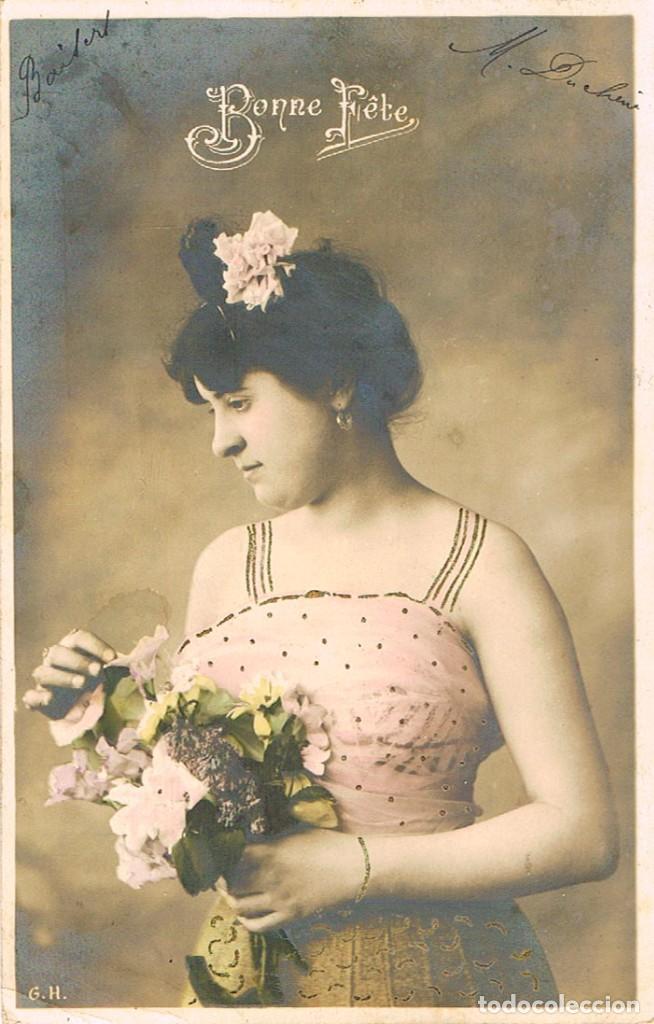 Postais: postal rom&aacute;ntica, FELIZ FIESTA, CIRCULADA EN 1907 (VER DORSO), POSTAL DE DORSO SIN PARTIR