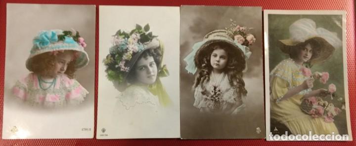 Postkarten: Lote de 4 postales antiguas, se&ntilde;oras y ni&ntilde;as con sombrero. Moda. Una de ellas circulada y otra escri
