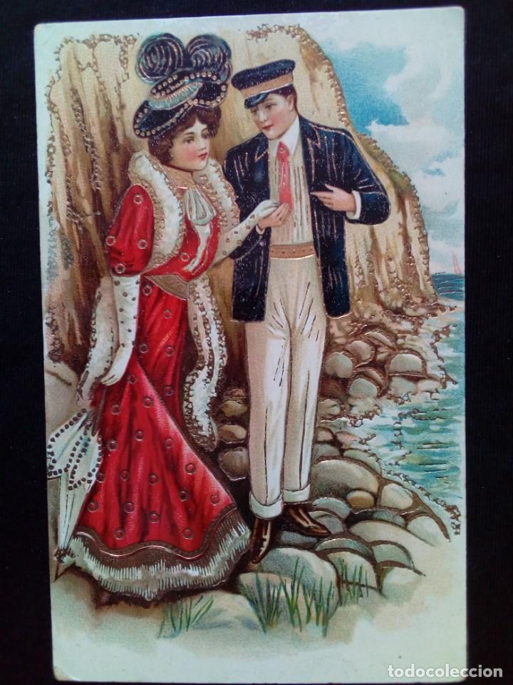 Postais: Antigua postal rom&aacute;ntica circulada y coloreada con relieves dorados