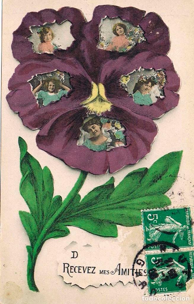 Postales: Pienso en ti (pensamiento, flor), circulada en 1908 - Foto 1