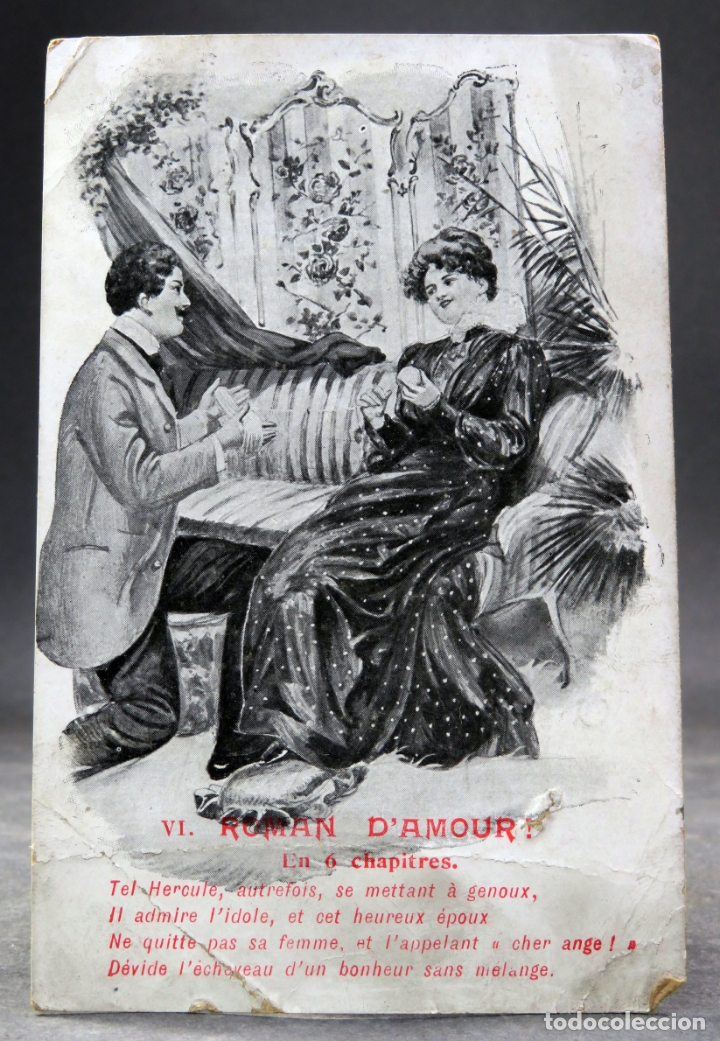 Postales: Postal escena galante con poes&iacute;a Roman Amour circulada 1912
