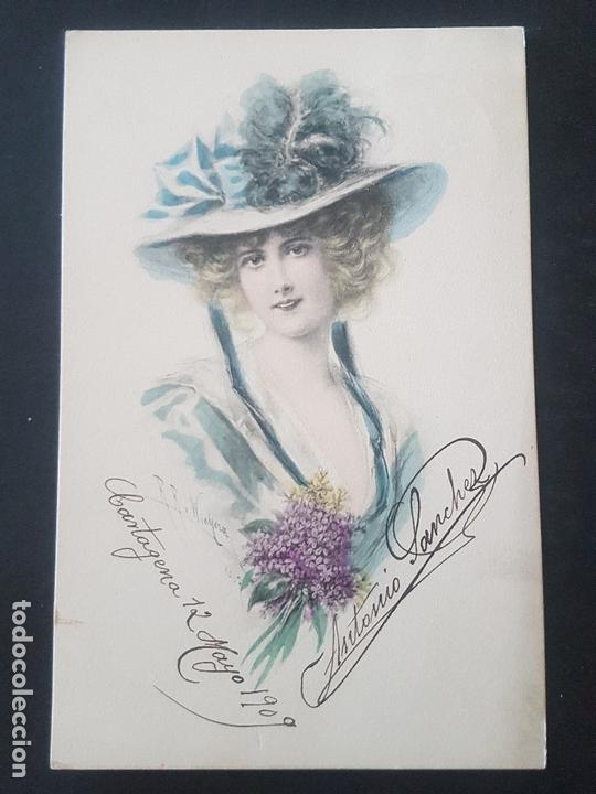 Postales: DAMA ELEGANTE CON SOMBRERO ILUSTRADA POSTAL - Foto 1