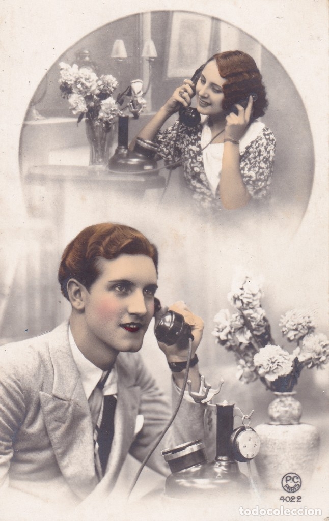 Postcards: Novios hablando por tel&eacute;fono circulada 1935