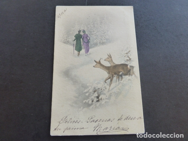 Postales: PAREJA ELEGANTE DE PASEO Y CIERVOS POSTAL - Foto 1