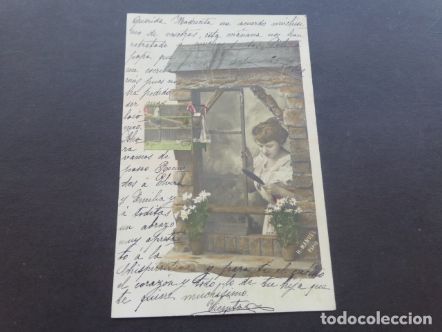 Postais: MUJER ASOMADA A LA VENTANA CON PAJARO ENJAULADO POSTAL