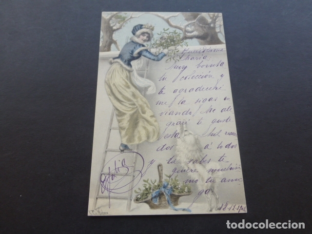 Postais: MUJER COGIENDO MUERDAGO COLECCION VIENNE POSTAL