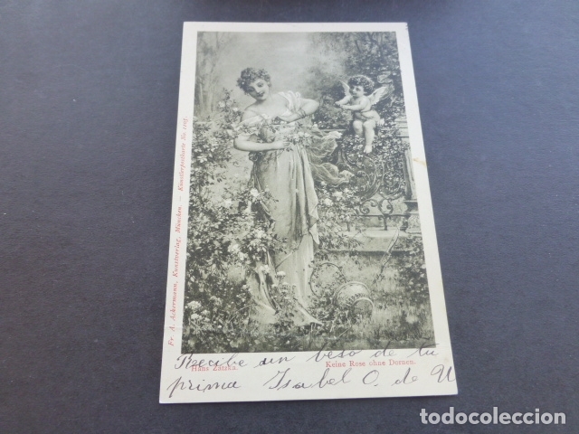 Postales: MUJER EN JARDIN CON AMORCILLO POSTAL - Foto 1