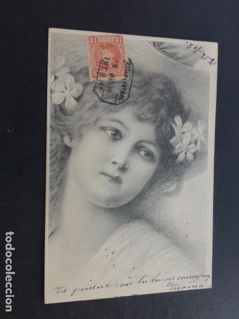 Postales: MUJER CON FLORES EN LA CABEZA POSTAL - Foto 1