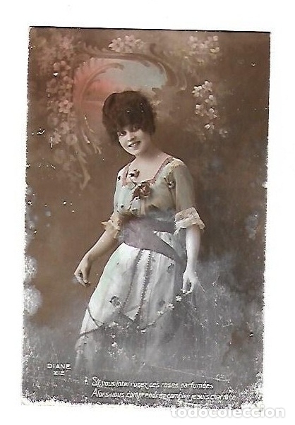 Postales: TARJETA POSTAL. JOVEN EN VESTIDO Y PAISAJE DE FLORES. DIANE 212