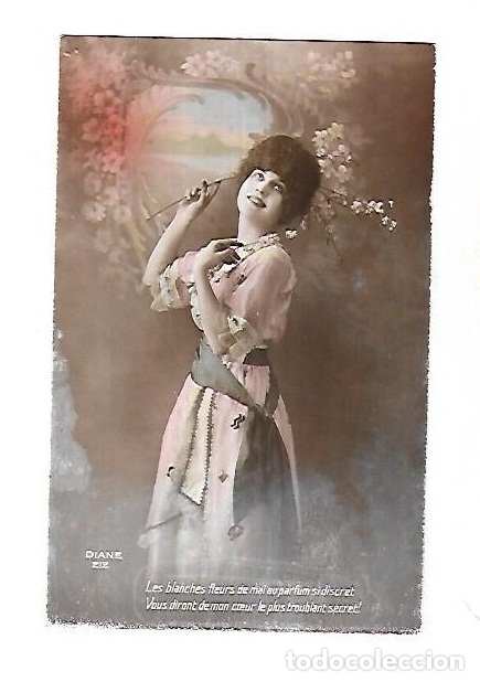 Postais: TARJETA POSTAL. JOVEN EN VESTIDO Y PAISAJE DE FLORES. DIANE 212