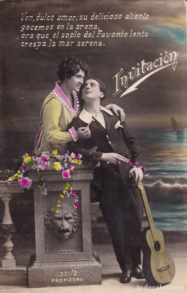 Cartoline: Invitaci&oacute;n pareja con guitarra 331/2 Propiedad circulada principios siglo XX