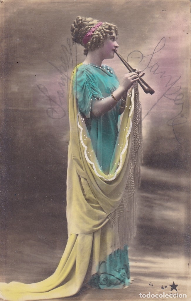 Postales: se&ntilde;orita tocando la flauta circulada 1927 - Foto 1