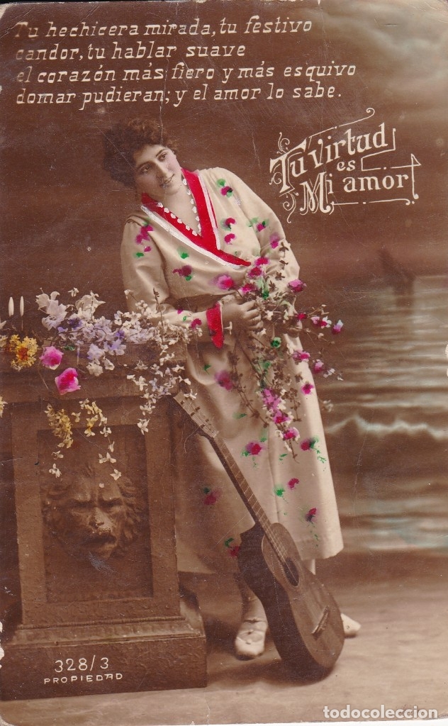 Cartoline: Tu virtud es mi amor se&ntilde;orita con guitarra 328/3 propiedad circulada principios siglo XX