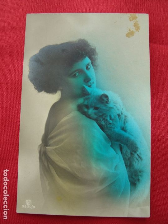 Postais: POSTAL - ROM&Aacute;NTICA - MUJER DE LA &Eacute;POCA CON SU GATO - COLOREADA - G L C 3820/3