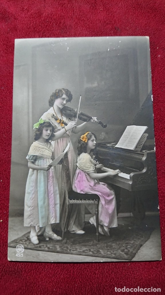 Postales: POSTAL ROMANTICA ESCENA MUSICAL  NI&Ntilde;AS TOCANDO PIANO CANTANDO Y CON VIOLIN INICIOS SIGLO XX ESCRITA