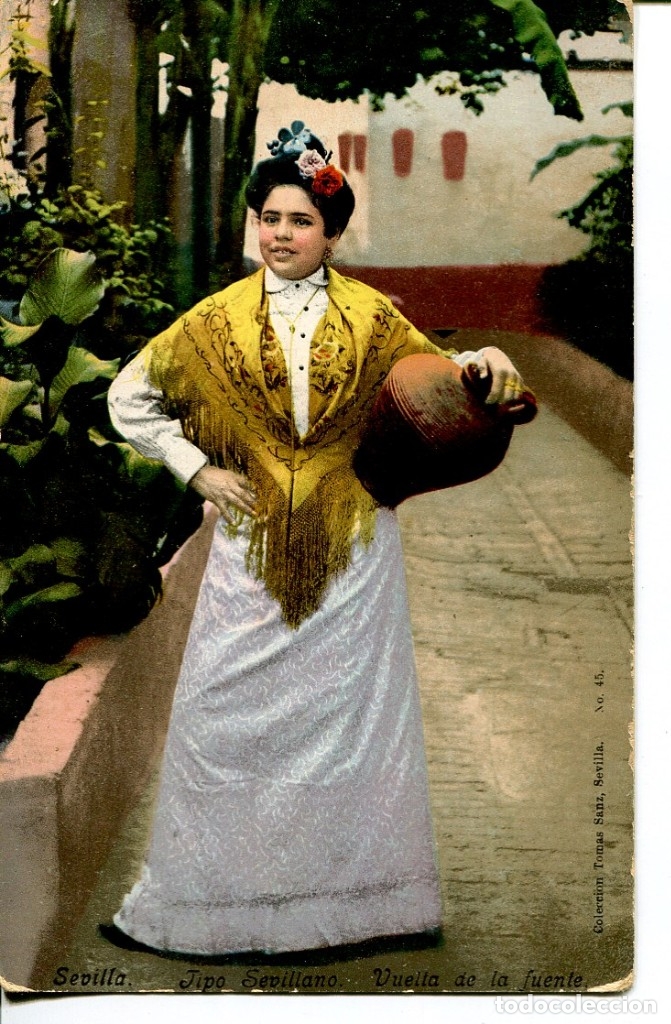 Postales: MUJERES SEVILLANAS-VUELTA DE LA FUENTE-C&Aacute;NTARO DE CER&Aacute;MICA-PURGER N&ordm; 1932