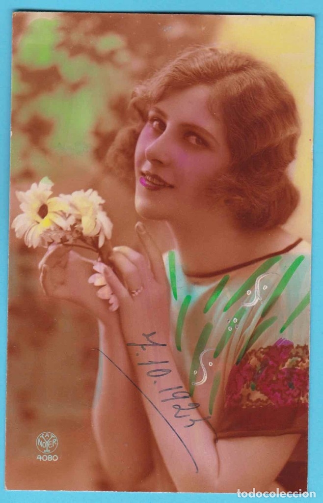 Postais: MUJER ROM&Aacute;NTICA. VIRADO EN SEPIA Y COLOREADA A MANO. NOYER 4080. ESCRITA EN 1924