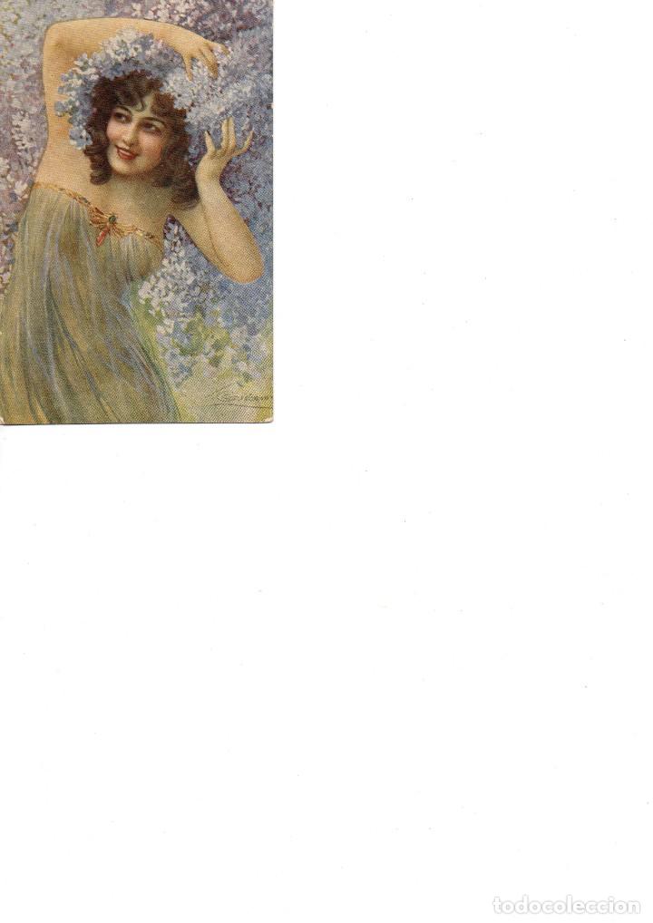 Cartoline: postal modernista bella dama sonriendo con flores (sin circular)