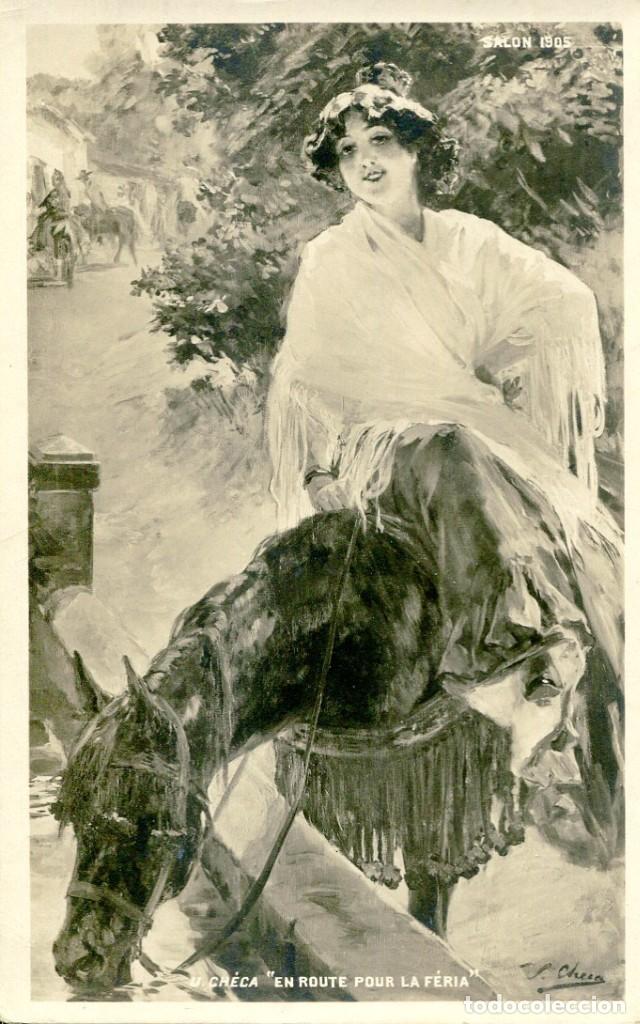 Cartoline: MUJER A CABALLO EN RUTA POR LA FERIA- CHECA- SAL&Oacute;N DE PAR&Iacute;S- R. TUCK