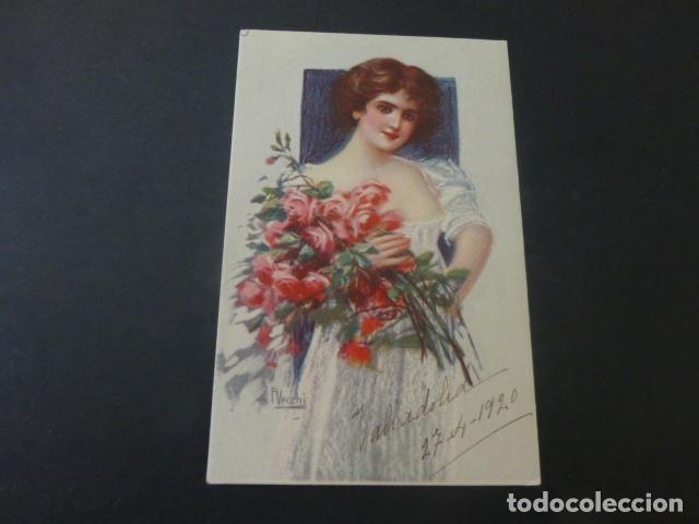 Cartoline: MUJER CON ROSAS POSTAL