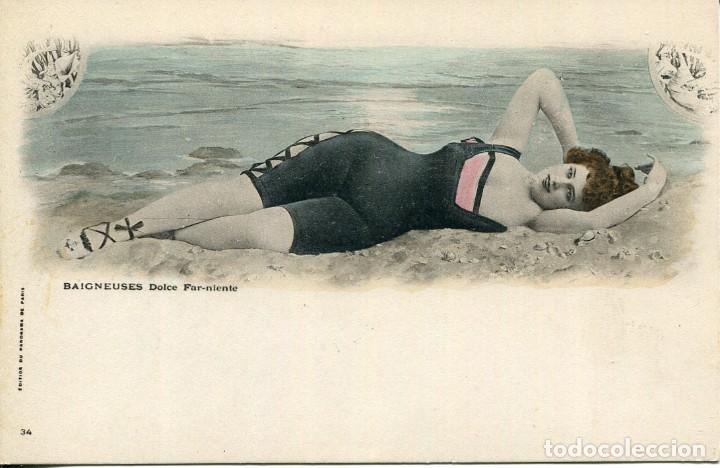 Cartoline: MUJER EN LA ORILLA DEL MAR BA&Ntilde;ANDOSE -MODERNISTA -A&Ntilde;O 1900- SIN DIVIDIR- PRECIOSA