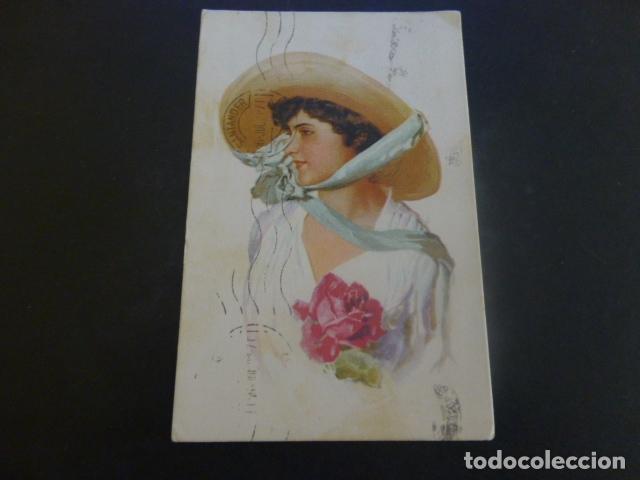Postales: MUJER ELEGANTE CON ROSA POSTAL ILUSTRADA - Foto 1