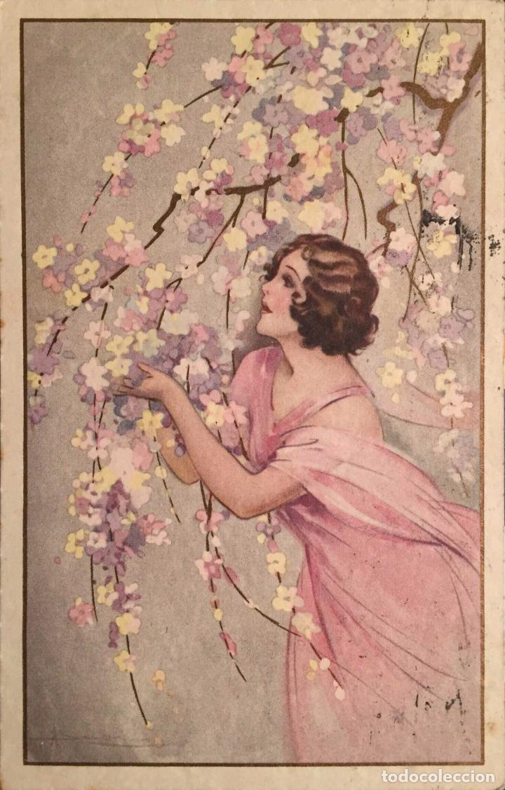 Postais: Dama a&ntilde;os 20, en &aacute;rbol con flores