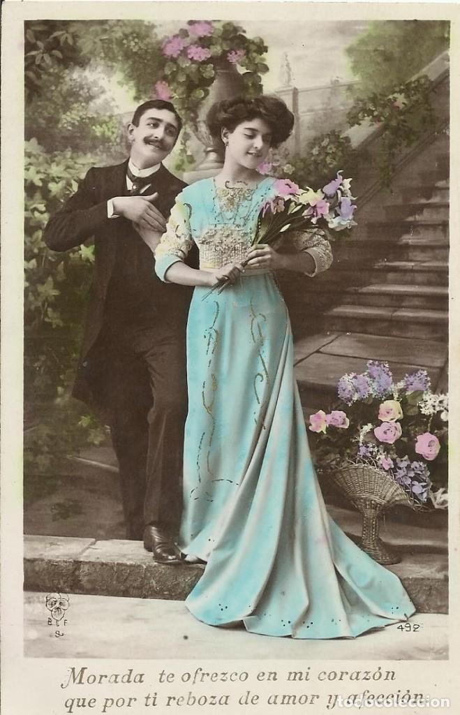 Postales: Postal coloreada Morada te ofrezco en mi coraz&oacute;n. 1907. 14x9 cm. Modernista. Art Nouveau.