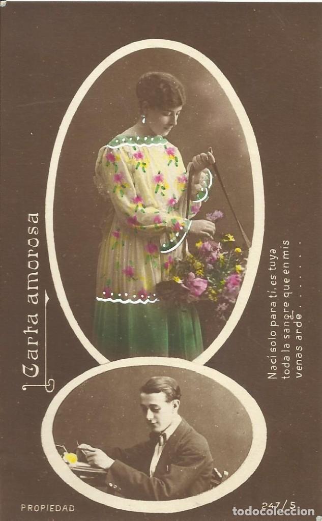 Postales: Postal coloreada Carta amorosa. 247/5. Galante y mujer. 1918. 14x9 cm. Modernista. Art Nouveau.