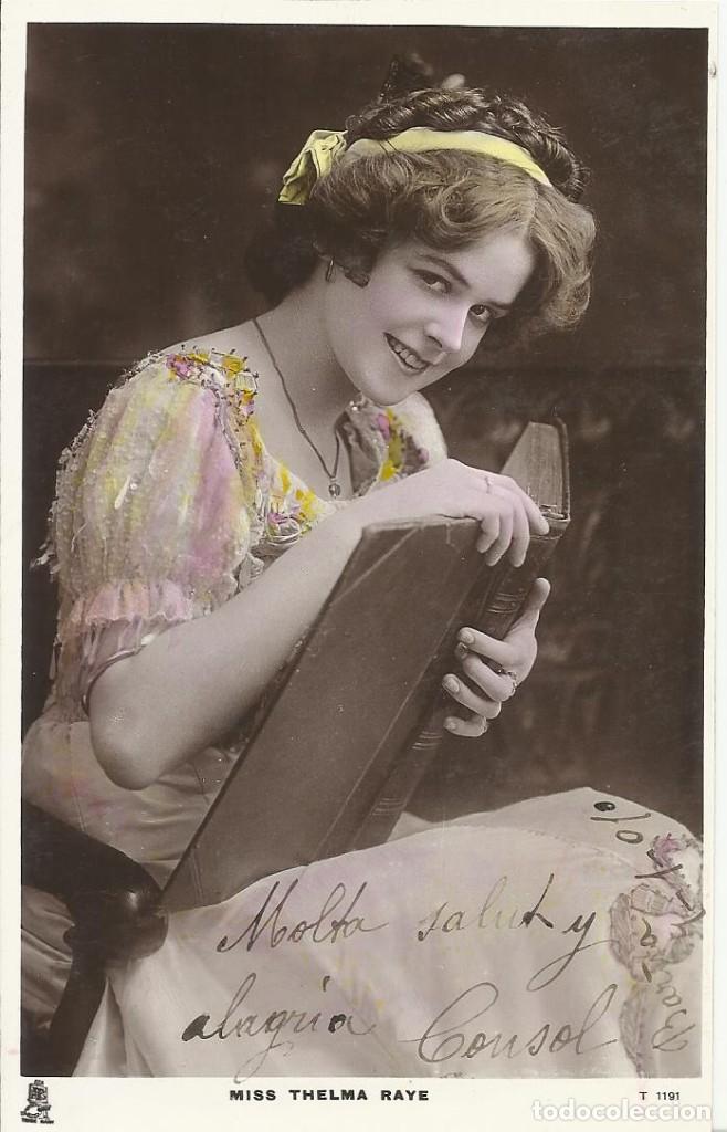 Postales: Postal coloreada. Miss Thelma Raye. T 1191. 1910. Raphael Tuck. 14x9 cm. Modernista. Art Nouveau.