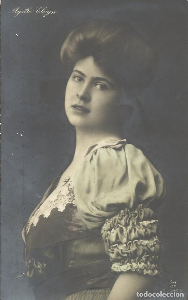 Postales: Postal blanco negro. Myrtle Elvyn. Actriz. Cupletista. GG. 14x9 cm. 1911. Modernista. Art Nouveau.