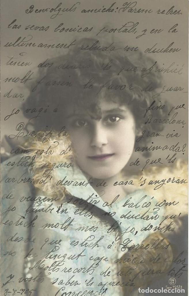 Postales: Postal coloreada mujer con vestido azul melena voluminosa . GG CO 155/3. 14x9 cm. 1905. Modernista.