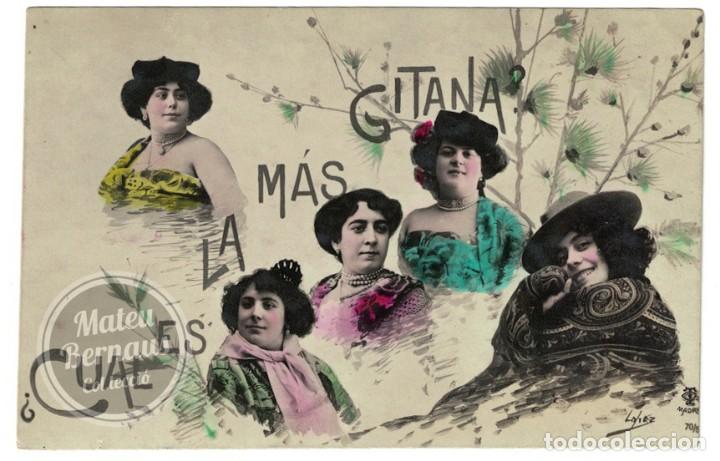 Postais: Cual es la m&aacute;s gitana? - Postal Fotogr&aacute;fica coloreada - Reverso sin dividir. Escrita