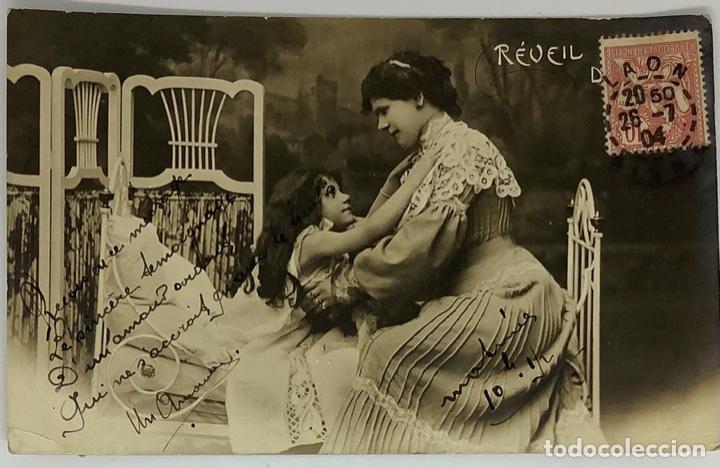 Postkarten: RETRATO MUJER CON NI&Ntilde;A, Circulada Francia 1904. Foto real.