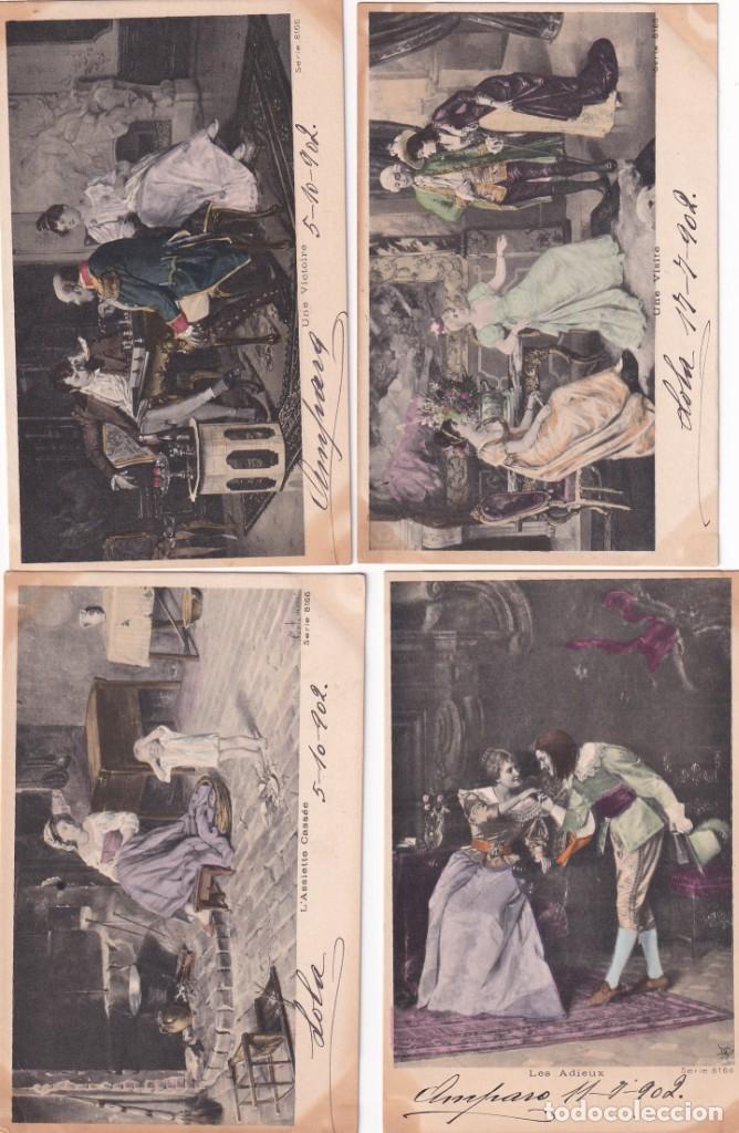 Postales: Lote de 4 postales de escenas costumbristas o galantes. Reverso sin dividir. Escritas sin circular.