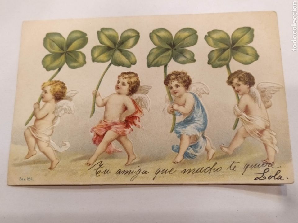 Postales: Postal troquelada, &Aacute;ngeles y tr&eacute;boles. Principio s. XX