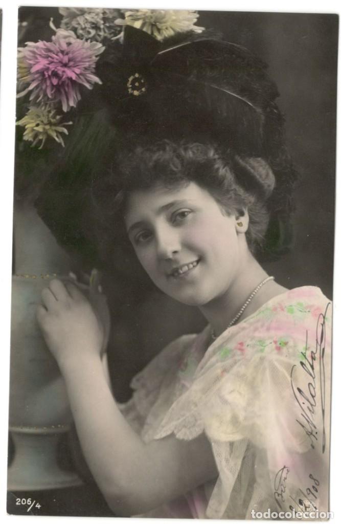 Postales: POSTAL ILUMINADA: CHICA CON PAMELA - circulada en 1908 - Foto 1