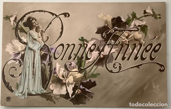 Postales: Felicitaci&oacute;n A&ntilde;o Nuevo Art Dec&oacute;. Circulada 1912.