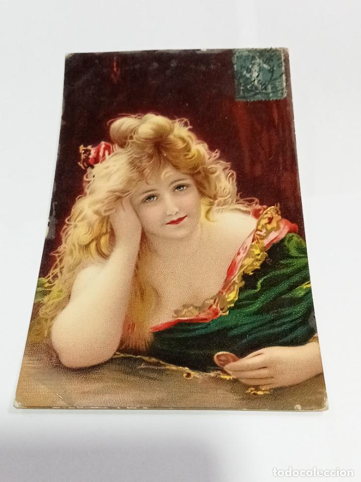 Postais: TARJETA POSTAL DE MUJERES. DIBUJO DE ROSTRO DE MUJER RUBIA CON VESTIDO VERDE
