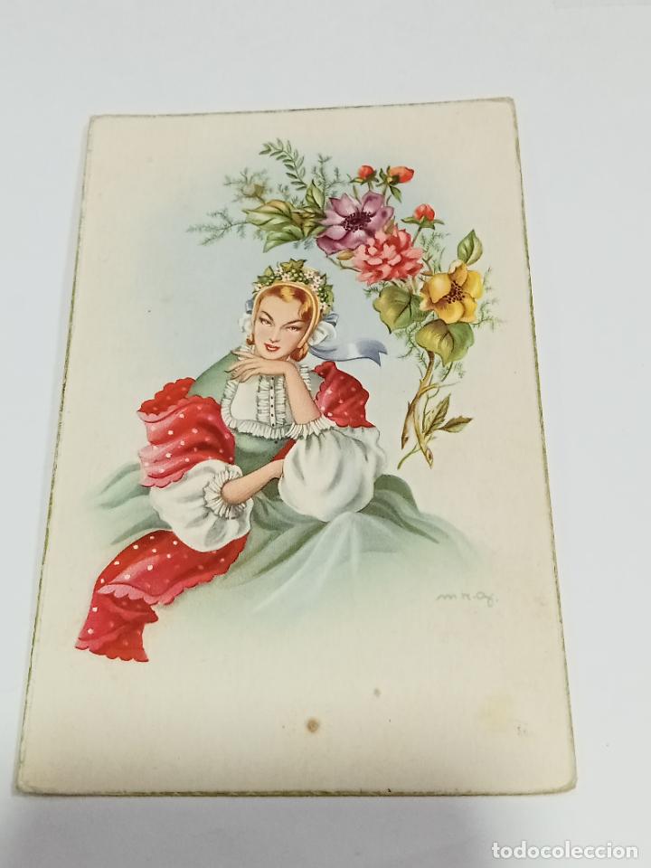 Postais: TARJETA POSTAL. DIBUJO DE MUJER CON SOMBRERO DE FLORES Y RODEADA DE FLORES DE COLORES