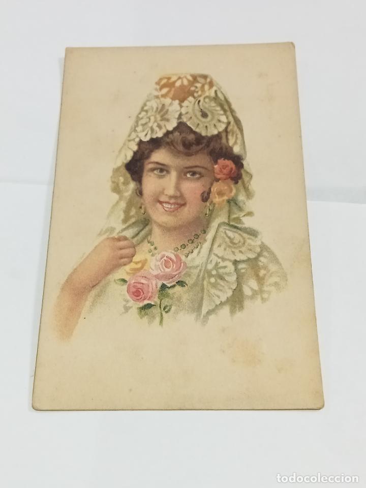 Postais: TARJETA POSTAL. ROSTRO DE MUJER CON MANTILLA Y ROSAS COLOR PASTEL