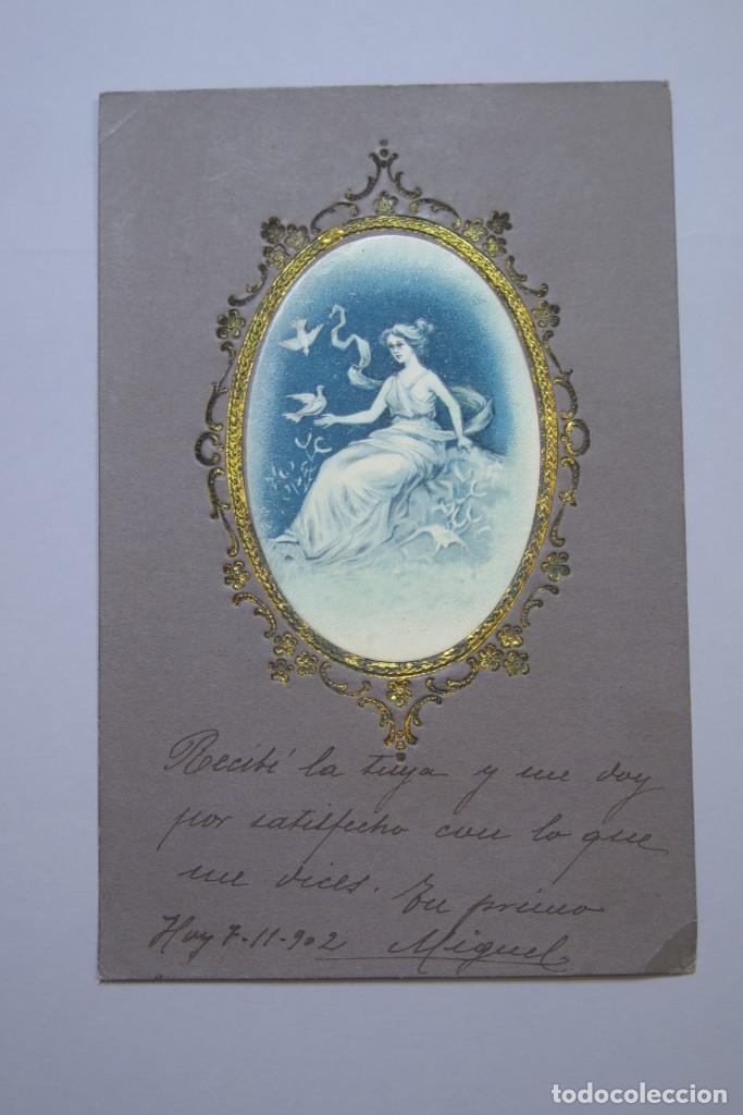 Postkarten: POSTAL. MUJER CON AVES. MODERNISTA. CIRCULAD. LEON-VALLADOLID. 1902