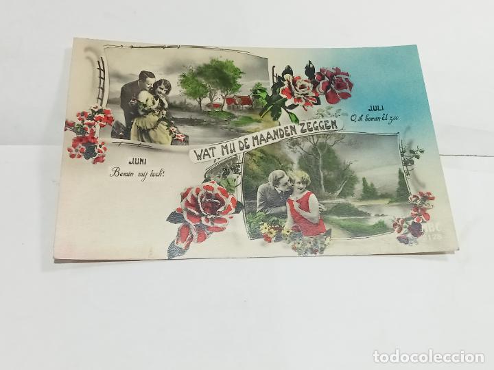 Cartoline: TARJETA POSTAL. DOS IM&Aacute;GENES DE ENAMORADOS EN PAISAJES CAMPESTRES. MESES JUNIO Y JULIO. FLORES ROJAS