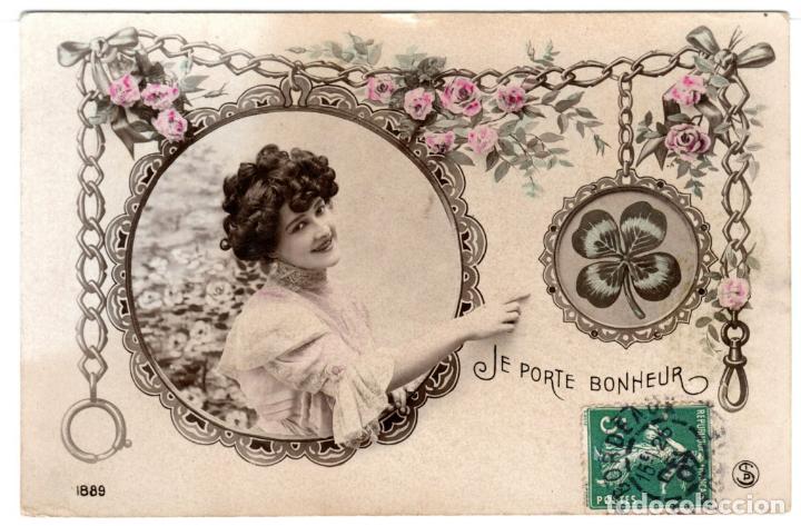 Cartoline: PRECIOSA POSTAL FRANCESA - JE PORTE BONHEUR (YO TRAIGO FELICIDAD) - CIRCULADA-1907